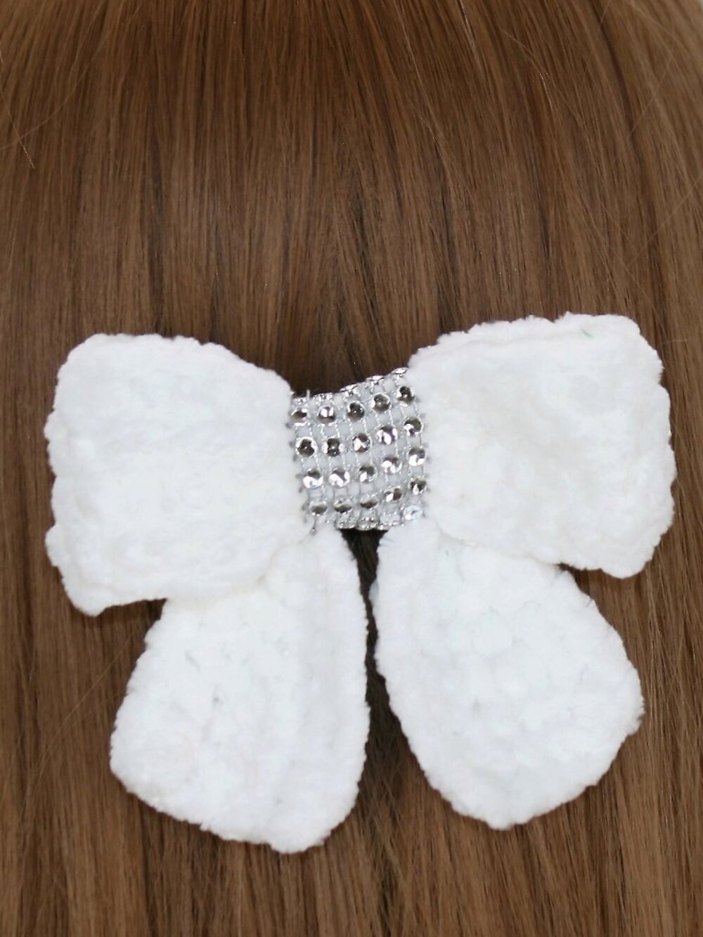 HAND CRAFTED Hair Bow Kids Crochet Chenille Velvet Hair Barrette Oversized White